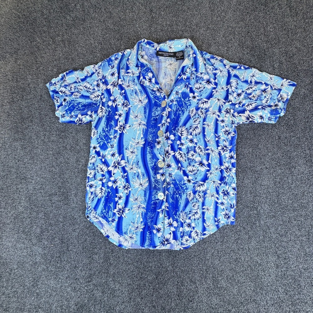 Impressions Lifestyle Hawaiian Shirt Womens Medium Blue Tropical Rayon Button Up